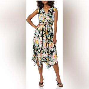 BCBGMaxazria Floral Assymetric Hem Tie Front Cut Out Knee Length Dress Sz Large